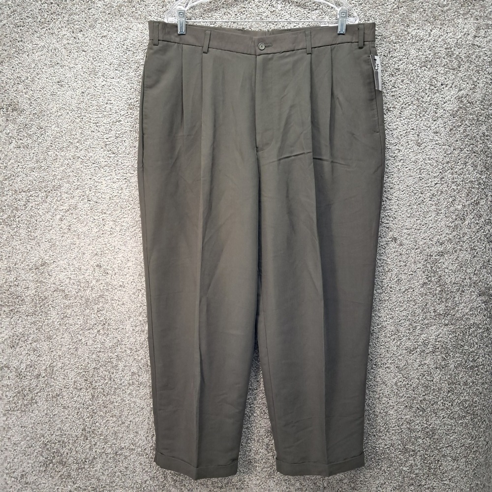 J. Ferrar Mens Pleated Cuffed Dress Pants Olive Brown 40x30 Contemporary Fit NWT